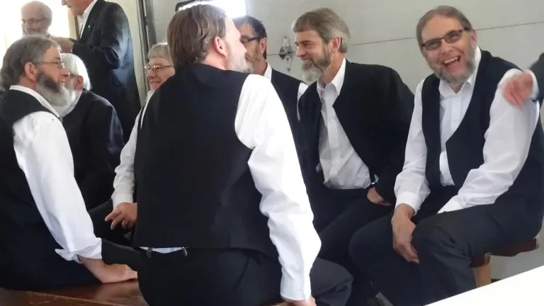 Amische in Ohio nach dem Gottesdienst Noch heute feiern die Amischen ihre Gottesdienste "von Haus zu Haus" wie hier in einer Scheune in Ohio. Die Bänke und Gesangbücher werden von Ort zu Ort mit dem Pferdegespann transportiert.